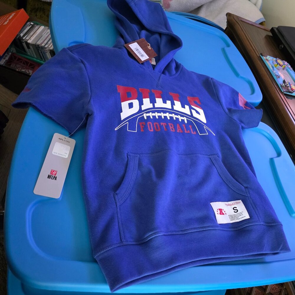 Buffalo Bills Mitchell & Ness NFL Small Fleece Hoodie Cut‎ Off Sleeves Blue NWT